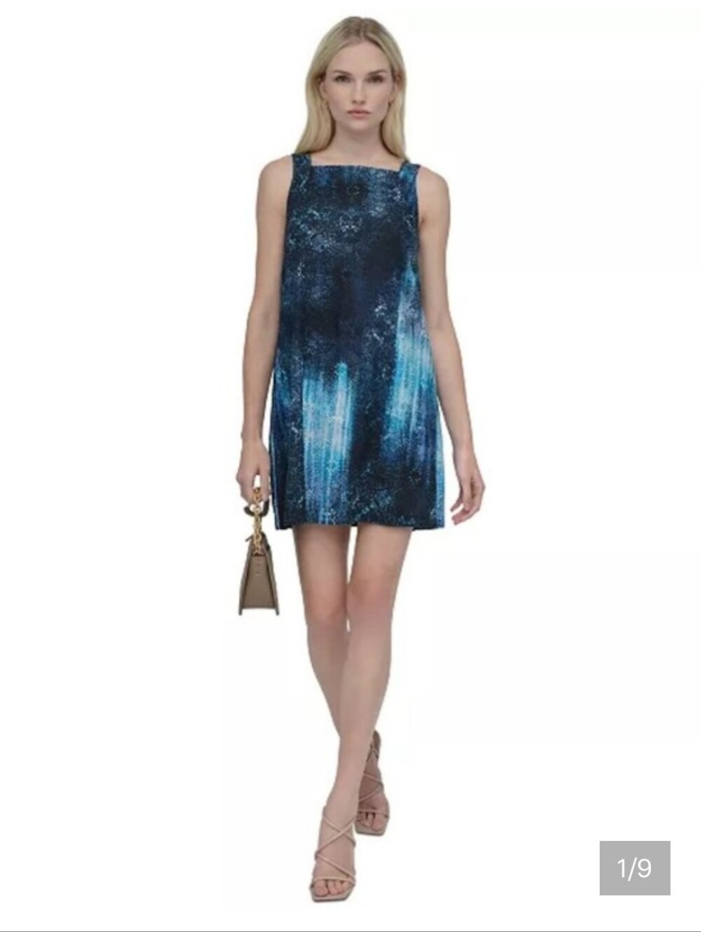 DKNY Linen Blend Faded Mandala Print Square Neck Shift Mini Dress Sz 10 Cocktail